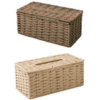 2 коробки для салфеток из ротанга, винтажный держатель для салфеток, чехол для контейнера для хранения беспорядка (кофейно-бежевый)