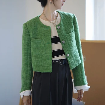 2023 Новая Зеленая Элегантная Короткая Женская куртка Корейской версии, Модная Весенне-Осенняя Ретро Уникальная Шерстяная Короткая куртка