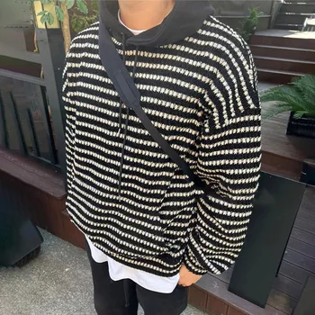 2023 Новый полосатый свитер Y2k, мужской осенне-зимний вязаный пуловер с капюшоном, повседневное свободное мужское пальто с ленивым ветром