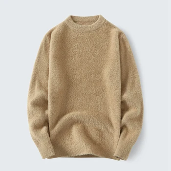 2023 Осенний мужской пуловер Зимний мужской норковый свитер с круглым вырезом, нижняя рубашка свободной вязки, однотонный цвет, Новый стиль, мода с длинными рукавами