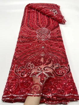 5 ярдов Африканской ткани На метр, кружева, блестки, ткани для женщин, вечерние платья, Красная вышивка, Швейный материал, Сетка, ткань с бисером.