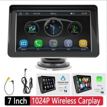 7-дюймовый беспроводной мультимедийный плеер Apple Carplay Android Auto HD 1024P Стерео FM-радио Голосовое управление MP5 Плеер BT5.0 1 Din