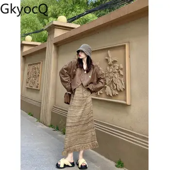 GkyocQ Корейский шикарный Новый осенний комплект из двух предметов, женская одежда, куртка свободного кроя с длинным рукавом и сексуальные платья миди на бретельках, комплекты одежды