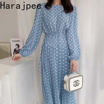 Harajpee Корейское Шикарное Осеннее Плиссированное платье в горошек с темпераментом, женское платье с завязками на талии, тонкие Шифоновые платья с длинными рукавами