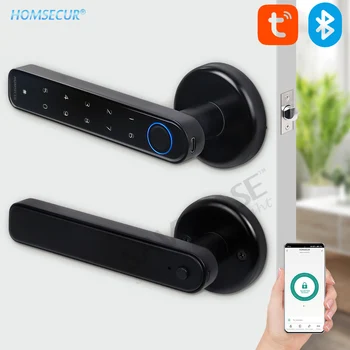 HOMSECUR Биометрический Дверной замок с отпечатками пальцев, приложение Bluetooth, пароль для дистанционного открытия, Входная дверь без ключа, Реверсивная ручка