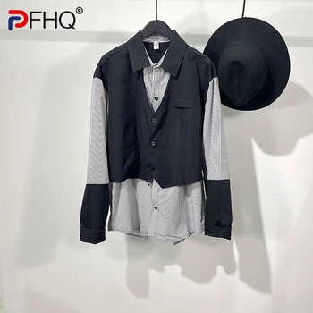 PFHQ 2023 Летние Новые Модные Повседневные Поддельные Рубашки в Полоску в стиле Пэчворк Из 2 Предметов Для Мужчин, Однобортная Свободная Мужская Блузка Tide 21F3777