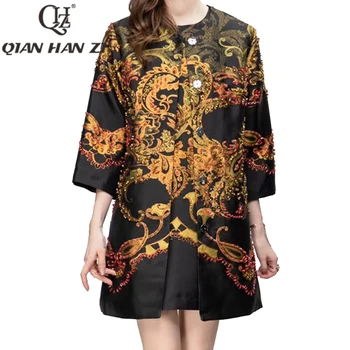 QHZ Осенне-зимнее дизайнерское модное винтажное пальто с рукавом 3/4, жаккард с золотым узором, расшитый бриллиантами, роскошная куртка