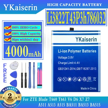 YKaiserin 4000 мАч Батарея Li3822T43P3h786032 Для ZTE Blade T660 T663 V6 D6 X7 Z7 A511 A513 A515 BA511 BA513 BA515 Батареи