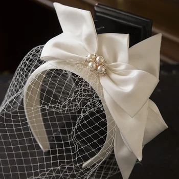 Белый Атласный галстук-бабочка ручной работы, повязка для волос, головной убор для новобрачных, Свадебное платье в стиле ретро, Головные уборы для фотосъемки волос, Головные уборы