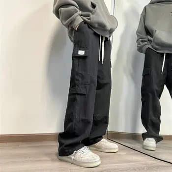Брюки-карго в стиле харадзюку в стиле хип-хоп, мужские брюки Harlan с множеством карманов, хлопковые Корейские мужские и женские широкие прямые брюки, уличная одежда