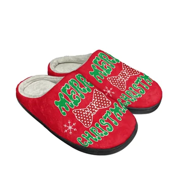 Веселого Рождества, красные хлопковые тапочки с бантом в виде снежинки, унисекс, осень-зима, домашние тапочки с круглым носком, фирменный дизайн, сохраняющая тепло плюшевая обувь