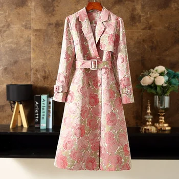 Весенне-осеннее жаккардовое пальто для женщин с длинным рукавом, розовые осенние ветровки для милых девушек, куртки, пальто, Корейский женский тренч