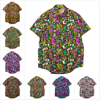 Винтажная гавайская рубашка с граффити, мужская летняя пляжная рубашка с цветочным принтом и коротким рукавом, топы, праздничные рубашки, Топы