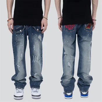 Высокие уличные плиссированные джинсы с вышивкой Splash Ink, мужская уличная одежда, Свободные джинсовые брюки в стиле ретро, прямые в стиле хип-хоп.