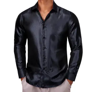 Дизайнерские рубашки для мужчин, шелковые, с длинным рукавом, черные, однотонные, Приталенные Мужские блузки с отложным воротником, Топы Brtathable Barry Wang