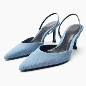 Женская обувь 2023, летняя новинка, джинсовая парусиновая ткань с мелким вырезом и острым носком на тонком каблуке с открытым носком, с сандалиями Muller
