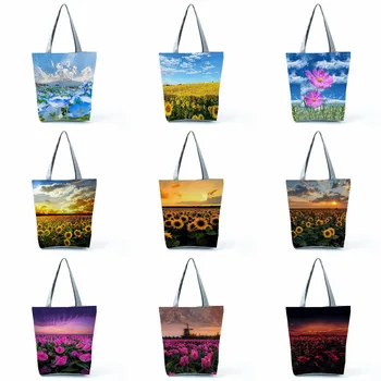 Женская сумка для покупок Sunflower, Настраиваемая сумка для путешествий на открытом воздухе, Женская сумка через плечо С цветочным принтом, Сельский пейзаж, Большая емкость