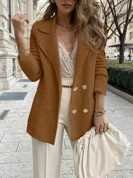 Женская элегантная куртка 2023, модный однотонный повседневный жакет-кардиган, дизайн куртки с отворотом в стиле маленького аромата, куртка с длинным рукавом с отворотом