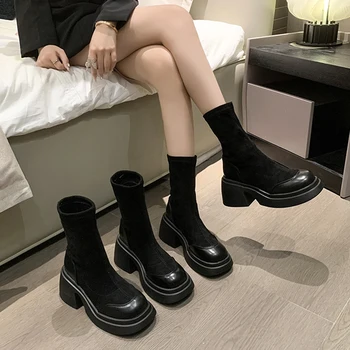 Женские ботинки, Ботинки-Женские Ботинки С круглым носком, Осень 2023, Ботильоны на высоком каблуке, Черные ботинки в стиле 
