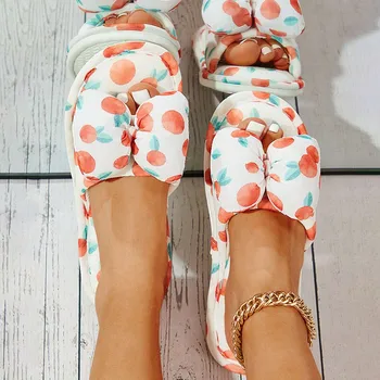 Женские милые домашние тапочки, нескользящие летние хлопковые разноцветные сандалии с круглым носком и бантом, повседневная весенне-осенняя обувь на платформе.