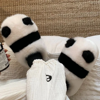 Женские пушистые тапочки с пандами, зимние домашние туфли на плоской подошве с животными, милая теплая домашняя хлопковая обувь, нескользящие горки Zapatillas Mujer
