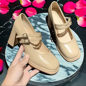 Женские туфли на высоком каблуке 2023 года, новые туфли Мэри Джейн в стиле ретро с круглым носком, летние Модные черные женские тонкие туфли
