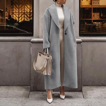 Женское однотонное шерстяное длинное пальто с лацканами, осенняя тонкая куртка на одной пуговице, кардиган, зимний карман с длинным рукавом, теплые толстые пальто