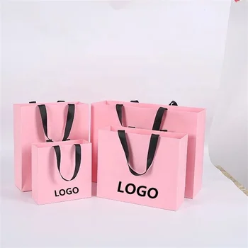 Изготовленный на заказ Логотип печати Элегантные Белые Черные Подарочные Бумажные пакеты с бантиком Розовая Роскошная Бутиковая Бумажная сумка для покупок с лентой-ручкой