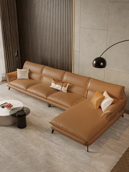 Итальянский минималистский кожаный диван для гостиной из воловьей кожи первого слоя простой угловой легкий роскошный современный кожаный диван