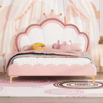 Каркас детской кровати Twin Size с изголовьем в форме короны, каркас детской кровати на платформе Twin с роскошной искусственной кожей, симпатичная односпальная кровать Twin