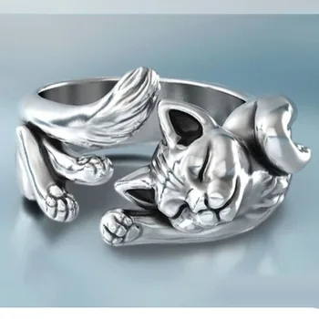 Кольцо с кошкой, открытые кольца, геометрическое милое серебряное регулируемое кольцо, аксессуары, ювелирные изделия для женщин