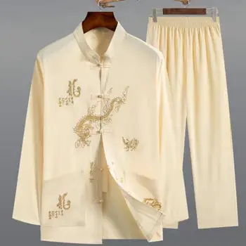 Комплект из 2 предметов, мужская рубашка, брюки, однобортный костюм в китайском стиле Тан с принтом дракона, широкие брюки, утренняя зарядка, комплект одежды для тренировок