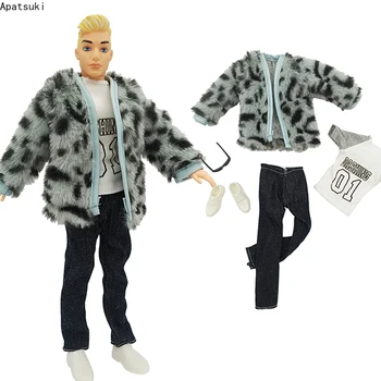Комплект одежды для куклы из искусственного меха 1/6 для мальчика Кена, одежда для куклы, куртка, футболка, джинсовые туфли, Очки для парня Барби Кена 1/6