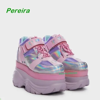 Кроссовки на толстой подошве со шнуровкой, Пикантные Розовые милые ботильоны с перекрестной шнуровкой для девочек, увеличивающие рост, с круглым носком, повседневная обувь на крючках и петлях