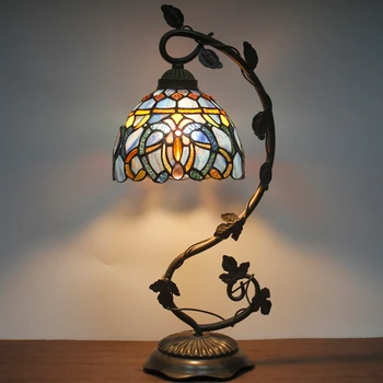 Лампа от WERFACTORY Tiffany, настольная лампа из мутно-синего витражного стекла, металлическое основание 8X10X21 дюймов, настольная лампа для чтения
