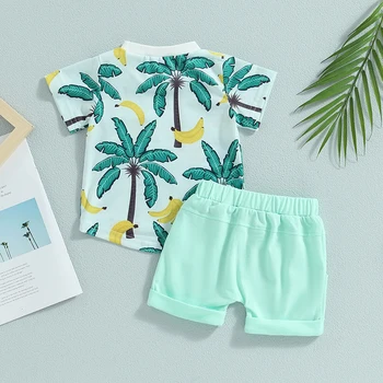 Летняя одежда для маленьких мальчиков, костюмы в пляжном стиле, футболки с круглым вырезом и принтом в виде дерева, шорты с эластичной резинкой на талии, комплект из 2 предметов