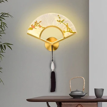 Медный настенный светильник FSS в китайском стиле, ручная роспись, Цвет эмали, Акриловая форма вентилятора, Прикроватный декоративный настенный светильник для гостиной, спальни