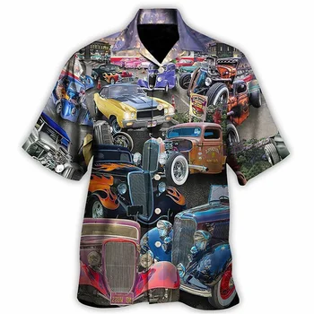 Модная мужская рубашка с кубинским воротником и 3D принтом Автомобиля, Летняя Повседневная Свободная толстовка Оверсайз с короткими рукавами, Высококачественная Мужская одежда