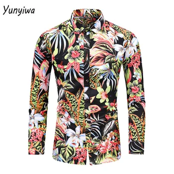 Модная мужская рубашка с цветочным принтом, осенний повседневный Гавайский принт, большие размеры, рубашки с длинным рукавом, мужская одежда для отдыха, 7XL