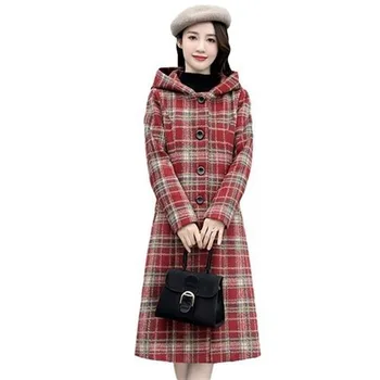 Модное шерстяное толстое пальто в клетку с капюшоном, женское Осенне-зимнее длинное пальто 2023 года, Новая Корейская версия тонкого и теплого шерстяного пальто для женщин