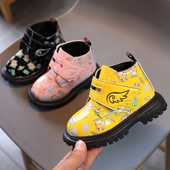 Модные ботильоны из искусственной кожи, Новинка осени 2023 года, водонепроницаемая нескользящая обувь для девочек, Детские кроссовки, милые короткие ботинки для малышей туфли