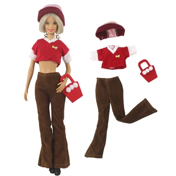 Модный красный комплект одежды для куклы Барби, укороченный топ, рубашка, Брюки, Шляпа, кошелек, сумка, наряды, аксессуары для кукольного домика, подарки для детей, игрушки