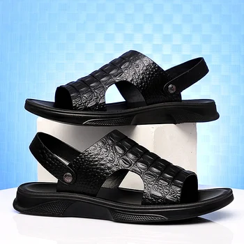 Мужская пляжная обувь, сандалии с крокодиловым узором, высококачественные кожаные нескользящие мужские тапочки, дышащие мужские сандалии, обувь для двух видов использования