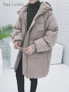Мужская стеганая куртка средней длины в стиле хип-хоп, крупногабаритная одежда для хлеба с капюшоном, модное теплое утепленное пальто, зимние парки на молнии