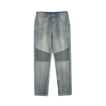Мужские винтажные ветхие байкерские джинсы в стиле хип-хоп, ретро, молния для открывания стопы, плиссированные прямые джинсовые брюки, уличная одежда