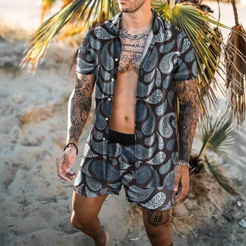 Мужские гавайские комплекты, летняя рубашка с коротким рукавом и богемным принтом, пляжные шорты на пуговицах, женская одежда в стиле харадзюку, Мужская одежда, Футболки, Топы