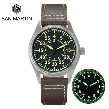 Мужские часы San Martin с верхним механическим управлением Pilot Titanium, винтажный военный YN55, деловой кожаный ремешок, водонепроницаемый, светящийся