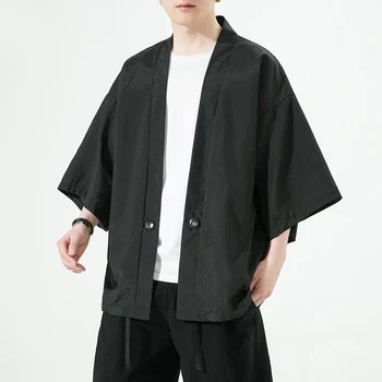 Мужские японские рубашки-кимоно, летние кардиганы оверсайз с рукавами три четверти, мужская уличная солнцезащитная верхняя одежда больших размеров