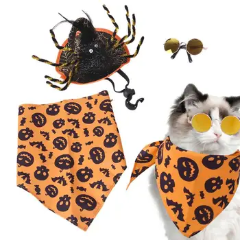 Набор костюмов для домашних животных на Хэллоуин, Забавные кошачьи очки, шарф и шляпа, 3 шт, Регулируемая фетровая салфетка для наряда на Хэллоуин для кошек и собак