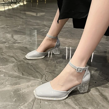Новая Элегантная Женская Обувь С Квадратным Носком На Толстом Каблуке, Украшенная Стразами, Летняя Модная Пикантная Обувь Для Банкета и Вечеринки На Высоком Каблуке Zapatos Mujer